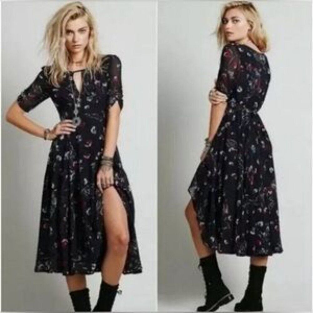 NEW Free People 2 XS Bonnie Floral Coquette CottageCore Dress Blue Fit Flare Tie - Picture 12 of 15